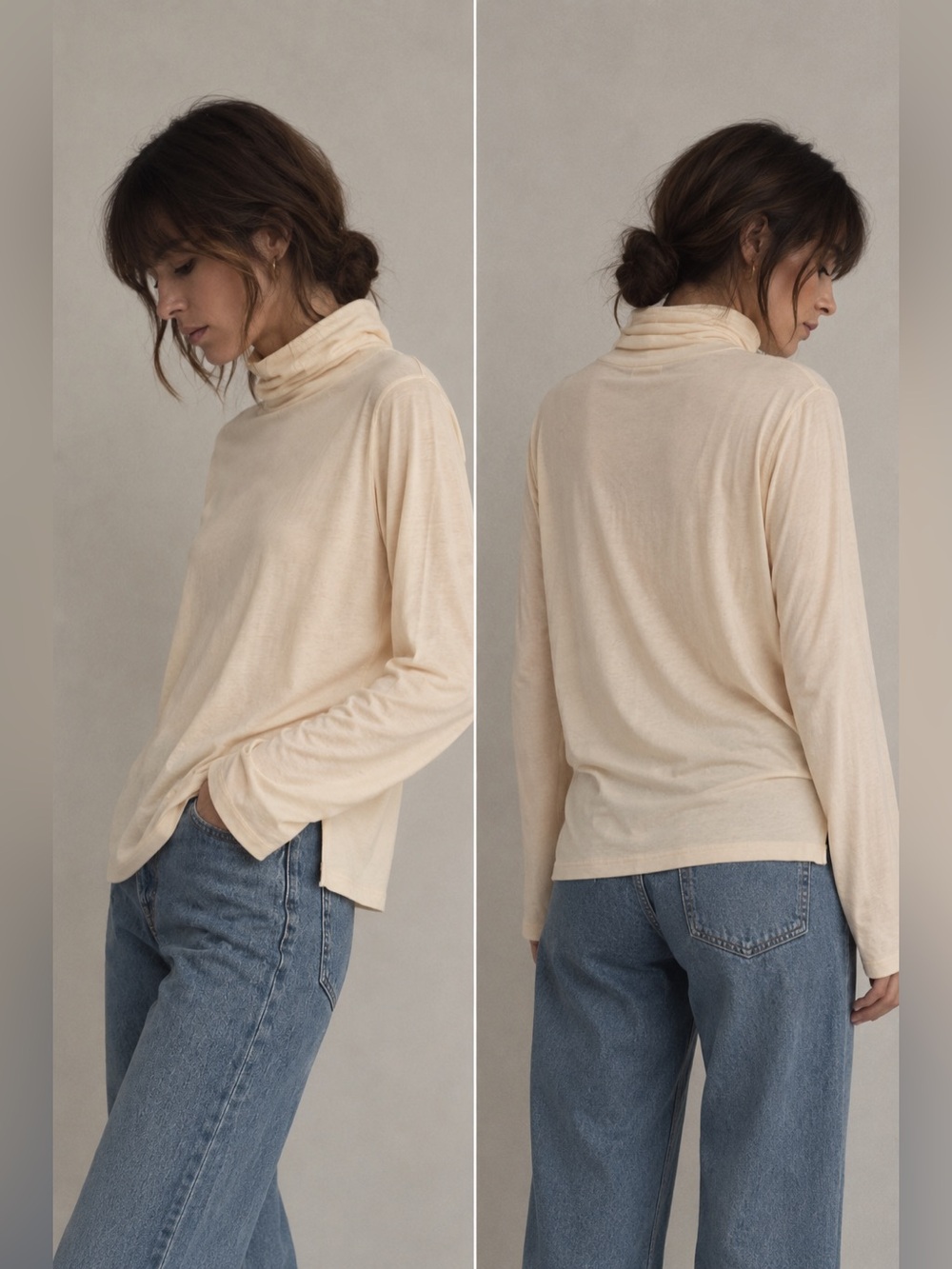 Women’s Long-Sleeve Lightweight Turtleneck Top in Light Beige